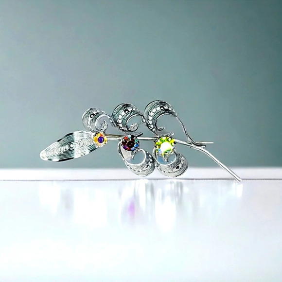 Curled Leaf Brooch Silver Tone with AB Stones - Picture 1 of 7